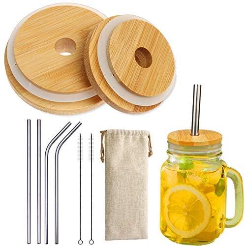 Bamboo Mason Jar Lids with Straw Hole, 1 Regular + 1 Wide Mouth Bamboo Canning Lids with 4 Stainless Steel Straw and 2 Brush for Drinking, ECO, Reusable (2+4+2)