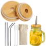 Bamboo Mason Jar Lids with Straw Hole, 1 Regular + 1 Wide Mouth Bamboo Canning Lids with 4 Stainless Steel Straw and 2 Brush for Drinking, ECO, Reusable (2+4+2)