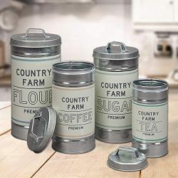 Barnyard Designs Decorative Nesting Kitchen Canisters with Lids Galvanized Metal Rustic Vintage Farmhouse Country Decor for Flour Sugar Coffee Tea Storage (Set of 4) (Largest is 5.5” x 11.25” H)