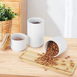 hjn Food Storage Jar with Bamboo Lid- White Ceramic Food storage canister for serving Coffee, Tea, Bean and More A Set of 3pcs