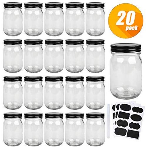 Mason Jars,Glass Jars With Lids 12 oz,Canning Jars For Pickles And Kitchen Storage,Wide Mouth Spice Jars With Black Lids For Honey,Caviar,Herb,Jelly,Jams,Set of 20