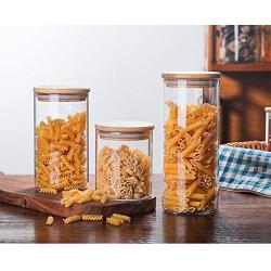 1Pc Glass Food Storage Bottle Bamboo Cover Sealed Grains Nuts Tank Can Kitchen Sorting Food Storage Box Container Jm 004,65X80Mm