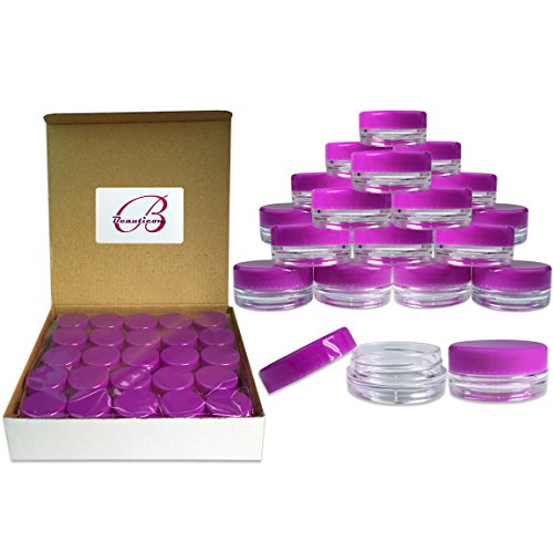 (Quantity: 100 Pieces) Beauticom 3G/3ML Round Clear Jars with PURPLE Lids for Scrubs, Oils, Toner, Salves, Creams, Lotions, Makeup Samples, Lip Balms - BPA Free