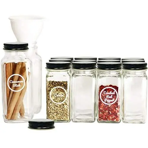 SpiceLuxe Premium Gewürzglas-Set – 14 leere quadratische Glasbehälter, schwarze Metalldeckel, 100 Gewürzlipsen, Einfach zu verwendende Dosierkanne und Schüttelaufsätze – Dekorativer Behälter zur Organisation von Gewürzregalen oder Vorratskammern
