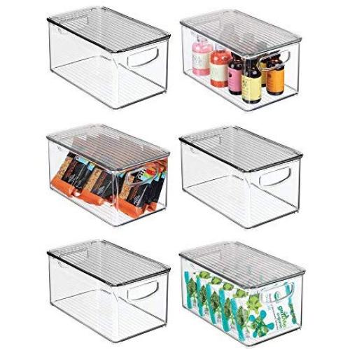 mDesign Plastic Stackable Kitchen Pantry Cabinet, Refrigerator, Freezer Food Storage Bin Box with Handles, Lid - Organizer for Fruit, Yogurt, Snacks, Pasta - 10" Long, 6 Pack - Clear/Smoke Gray