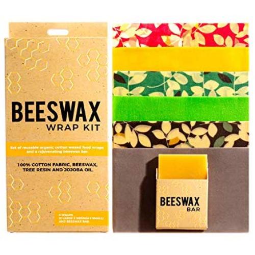 Beeswax Wrap - Beeswax Food Wrap - Set of 6 + Beeswax Bar 2 Large, 2 Medium, 2 Small Zero Waste Plastic-Free Food Storage Wrap - Includes 2 x 2 Inch Beeswax Bar to Rejuvenate Wraps Reusable Organic