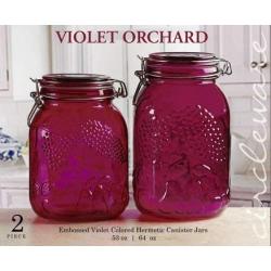 Circleware Violet Orchard 2 Piece Embossed Glass Preserving Jars Food Canister Set with Hermetic Locking Lid, 53 oz, 64 oz. (7.5", 8.5")