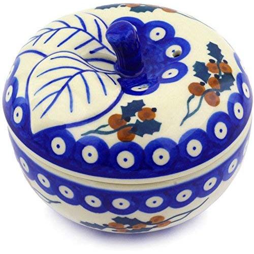 Polish Pottery 5?-inch Apple Shaped Jar (Yellow Holly Berries Theme) + Certificate of Authenticity