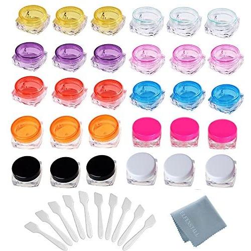 Elfenstall- 40pcs 3Gram Jar, 3g Jar, Cosmetic Sample Empty Container colorful Screw Cap Lid, Small Tiny 3g Bottle with Mask Spatula for Make Up, Eye Shadow, Nails, Powder, Gems, Beads, Jewelry