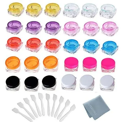Elfenstall- 40pcs 3Gram Jar, 3g Jar, Cosmetic Sample Empty Container colorful Screw Cap Lid, Small Tiny 3g Bottle with Mask Spatula for Make Up, Eye Shadow, Nails, Powder, Gems, Beads, Jewelry Elfenstall- 40pcs 3Gram Jar, 3g Jar, Cosmetic Sample Empty Container colorful Screw Cap Lid, Small Tiny 3g Bottle with Mask Spatula for Make Up, Eye Shadow, Nails, Powder, Gems, Beads, Jewelry