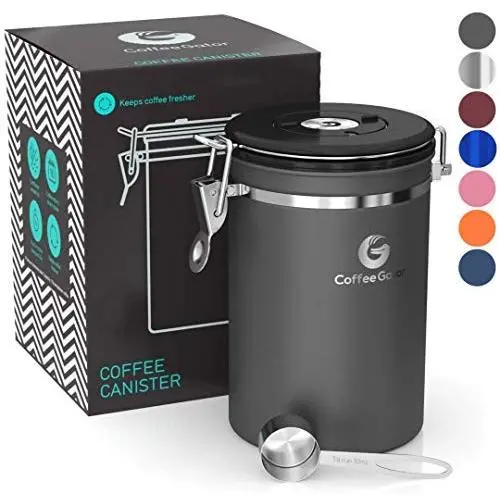 Kaffee Gator Edelstahl Kaffeekanne – Frischer Kaffee und Kaffeemehl länger – Datumsverfolgung, CO2-Freigabeloch und Messlöffel – Groß, Grau