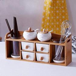 Kitchen seasoning box/Ceramic Condiment Storage Container with Tray Glass Salt jar Skeleton Chopsticks Tube Bamboo Wood Frame (Color : D)