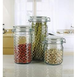 Circleware 68221 Vintage Home Glass Canisters with Swing Top Hermetic Airtight Locking Lids, 3-Piece Set, Kitchen Food Preserving Containers for Coffee, Sugar, Cereal, 22 oz, 34 oz, 44 oz, Hobnail