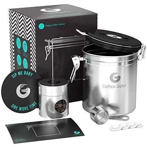 Coffee Gator Stainless Steel Container - Fresher Beans and Grounds for Longer - Canister with co2 Valve, Scoop and Travel Jar - Medium, Silver Coffee Gator Stainless Steel Container - Fresher Beans and Grounds for Longer - Canister with co2 Valve, Scoop and Travel Jar - Medium, Silver