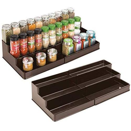 mDesign Plastic Adjustable, Expandable Kitchen Cabinet, Pantry, Shelf Organizer/Spice Rack with 3 Tiered Levels of Storage for Spice Bottles, Jars, Seasonings, Baking Supplies, 2 Pack - Bronze