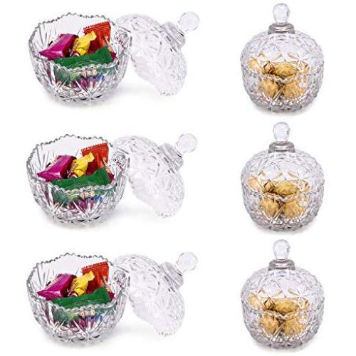 Glass Jar Embossed Candy Bowl with Lid, Crystal Lid Storage Tank, for Wedding Promotion, Set of 6 (Diameter: 4.2 Inches)