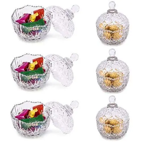 Glass Jar Embossed Candy Bowl with Lid, Crystal Lid Storage Tank, for Wedding Promotion, Set of 6 (Diameter: 4.2 Inches) Glass Jar Embossed Candy Bowl with Lid, Crystal Lid Storage Tank, for Wedding Promotion, Set of 6 (Diameter: 4.2 Inches)