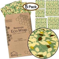 Beeswax Eco-Wrap (5 Pack) - 2 Small, 2 Medium, 1 Large - Organic Reusable Biodegradable Sustainable Plastic-Free Food Storage - Green Leaves Print