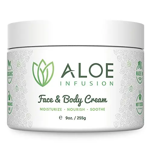 Aloe Infusion Körper- und Gesichtsfeuchtigkeitscreme – Natürliche Creme für Ekzeme bei Juckreiz und Trockenheit, Sensible Haut, Akne und Psoriasis – Bio Aloe Vera, Sheabutter, Coenzym Q10, Traubenkernöl, Kokosnussöl