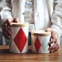 OnePine Set of 2 Food Storage Jar with Sealed Wooden Lid, Geometric Pattern Ceramic Storage Jar for Tea Sugar Coffee Bean Nuts Grain