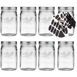 Ball Wide Mouth Mason Jars 32 oz Set of 8 Bundle With eHomeA2Z 62 Premium Reusable Chalkboard Stickers (8 Pack Clear Glass, 32 Oz Wide Mouth)