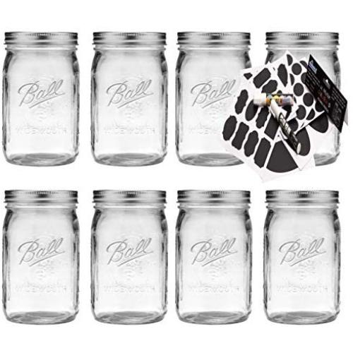 Ball Wide Mouth Mason Jars 32 oz Set of 8 Bundle With eHomeA2Z 62 Premium Reusable Chalkboard Stickers (8 Pack Clear Glass, 32 Oz Wide Mouth)