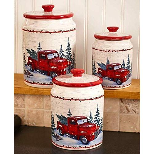 Briskly41 Canisters Red Pick Up Truck Earthenware Storage Jars Vintage Country Collection Christmas Kitchen Holiday Home Decor Set of 3