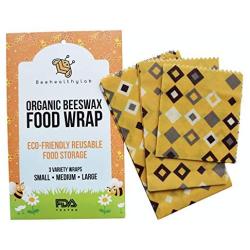 Organic Beeswax Food Wrap by BeeHealthy Lab, Set of 3 Reusable Storage Wraps, Alternative Covers for Sandwich, Cheese, Avocado, Bread and Bowls, Zero Plastic, Biodegradable, Sustainable Bees Cloth