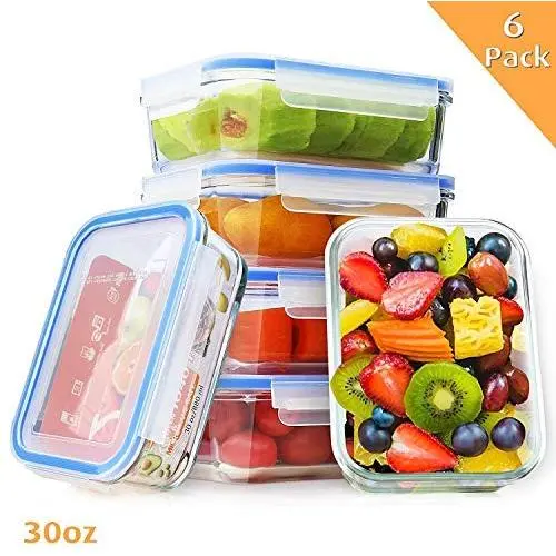 Enther 6 Pack 30 oz Glass Food Storage Containers Meal Prep with Lids Airtight Bento Box for Lunch Oven/Freezer/Dishwasher/Microwave Safe Leakproof, 6pack, Clear