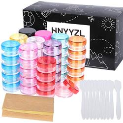 50 Pack Sample Container, HNYYZL 5g Empty Cosmetic Containers Plastic Travel Pot Jar for Liquid Lotion Cream Sample Make-up Storage(10 Colors, 5ML), Come with 10pcs Mini Spatulas and 50pcs Labels