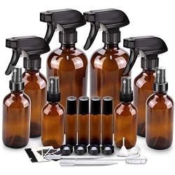 Glass Spray Bottle Kits, BonyTek Empty 4 10 ml Roller Bottles, 8 Amber Essential Oil Bottle(16oz,8oz,4oz,2oz) with Labels for Aromatherapy Cleaning Products