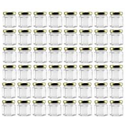 Mini Hexagon Glass Jars (1.5oz, 48-Pack); Tiny Hex Jars with Gold Lids for Spices, Gifts, Party Favors, DIY and More, 3-Tablespoon Capacity