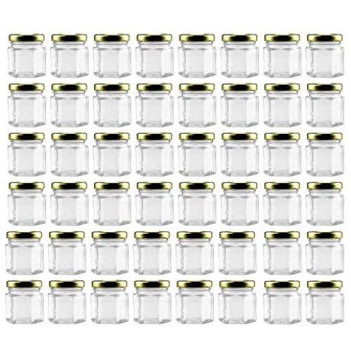 Mini Hexagon Glass Jars (1.5oz, 48-Pack); Tiny Hex Jars with Gold Lids for Spices, Gifts, Party Favors, DIY and More, 3-Tablespoon Capacity