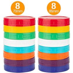 NAQIFU 16 Pack Colored Plastic Mason Jar Lids with 8 Regular Mouth 70mm & 8 Wide Mouth 86mm Recyclable Plastic Storage Caps for Ball Kerr Jar Lids