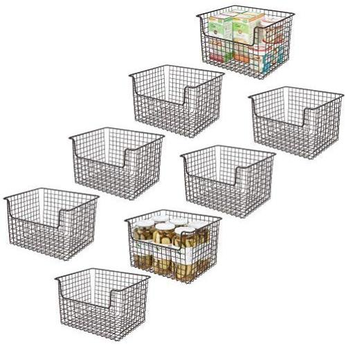 mDesign Metal Kitchen Pantry Food Storage Organizer Basket - Farmhouse Grid Design with Open Front for Cabinets, Cupboards, Shelves - Holds Potatoes, Onions, Fruit - 12" Wide, 8 Pack - Bronze