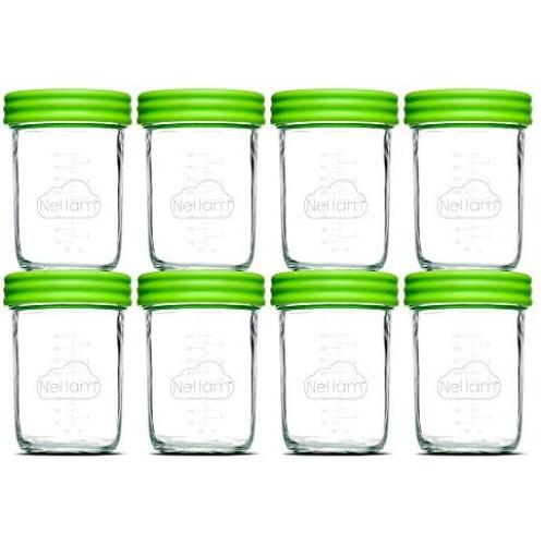 Nellam Baby Food Storage Containers - Leakproof, Airtight, Glass Jars for Freezing & Homemade Babyfood Prep - Reusable, BPA Free, Microwave & Freezer Safe (8x8oz, Green)
