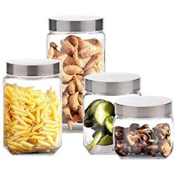 HOUSIYU Candy Jar Storage Glass Square Sealed Cans with Stainless Steel Screw Cap Food Storage Container, Suitable for Home Kitchen Bathroom Accessories, 800ML+1100ML+1500ML+2100ML