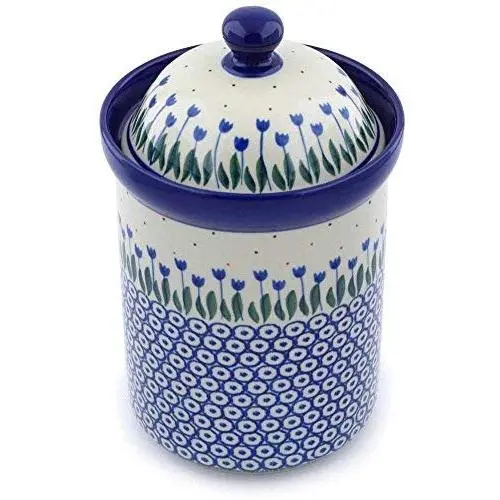 Polish Pottery 9-inch Jar with Lid made by Ceramika Artystyczna (Water Tulip Theme) + Certificate of Authenticity Polish Pottery 9-inch Jar with Lid made by Ceramika Artystyczna (Water Tulip Theme) + Certificate of Authenticity