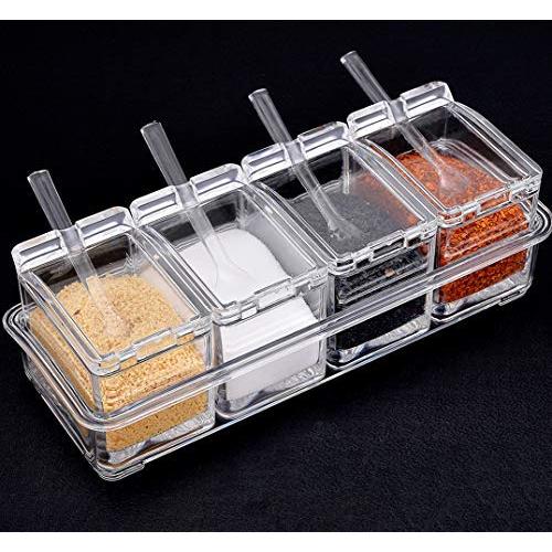 Yesland Clear Seasoning Rack Spice Pots - 4 Piece Storage Container Condiment Jars - Acrylic Seasoning Box, Cruet with Cover and Spoon