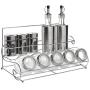 Stainless Steel Condiment Set with 2 Oil Cruets, 3 Spice Shakers, 5 Glass Canister Jars, and Chrome Rack