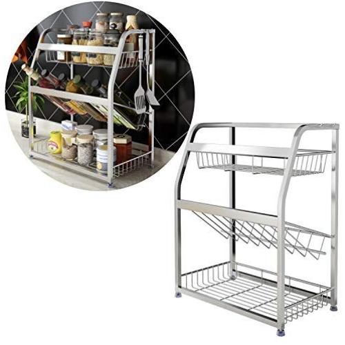 3 Tier Spice Rack, Stainless Steel Seasoning Organizer Standing Rack Shelf, Kitchen Spice Bottle Jar Holder Bathroom Storage Rack