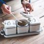 Kitchen seasoning box/Blue Edge Ceramic Condiment Storage Container with Pallet Household Sugar Spice Jars Box Three-Piece Set