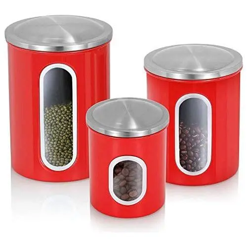 Dichtungssicherer Behälter Set von 3, Magdisc Stapelbare Behälter Sets für die Küche mit Edelstahldeckeln und Fenstern, Rot