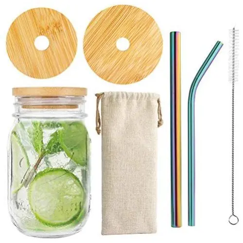 Mason Jar Lids with Straw Hole, 2PCS Reusable Bamboo Mason Jar Lids for Regular Mason Jars with 2 Metal Stainless Steel Straw, 1 Cleaning Brush and 1 Drawstring Bag
