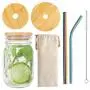 Mason Jar Lids with Straw Hole, 2PCS Reusable Bamboo Mason Jar Lids for Regular Mason Jars with 2 Metal Stainless Steel Straw, 1 Cleaning Brush and 1 Drawstring Bag