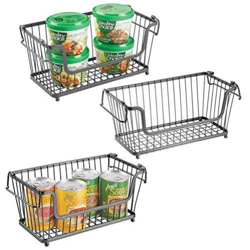 mDesign Modern Farmhouse Metal Wire Household Stackable Storage Organizer Bin Basket with Handles, for Kitchen Cabinets, Pantry, Closets, Bathrooms - 12.5" Wide, 3 Pack - Graphite Gray