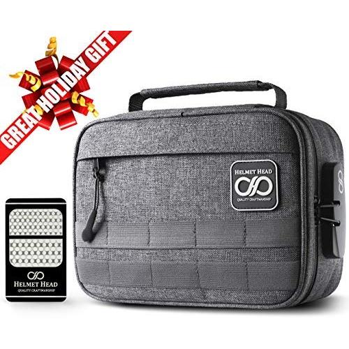 Smell Proof Case + Grinder Card by HELMET HEAD | Durable Water Repellent Smell Proof Container with Combination Lock for your Herbs & Smelly Accessories: Pipe, Vape, Rolling Papers (Gray)