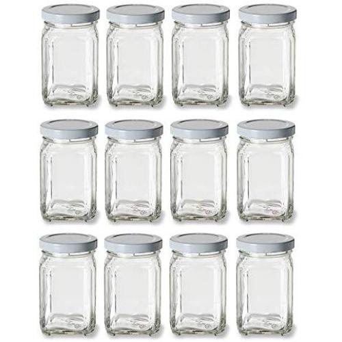 Nakpunar 12 pcs Victorian Square Glass Jars with Plastisol Lined Lids (6 fl oz, White)