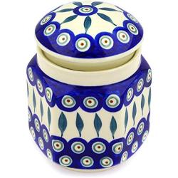 Polish Pottery 6-inch Jar with Lid (Peacock Leaves Theme) + Certificate of Authenticity