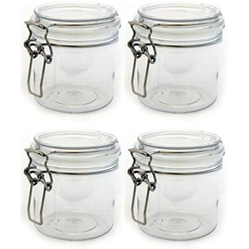 The Grindstone | 400 ml (14 Oz) PET Plastic Kilner Style Jars | Round Clear Acrylic Storage Jars | Locking Mason Style Canister Lids | Multiple Uses | Airtight Snap on Lids with Clasp | Pack of 4